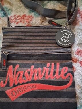 Robin Ruth Gray Striped Crossbody with Coral Accent